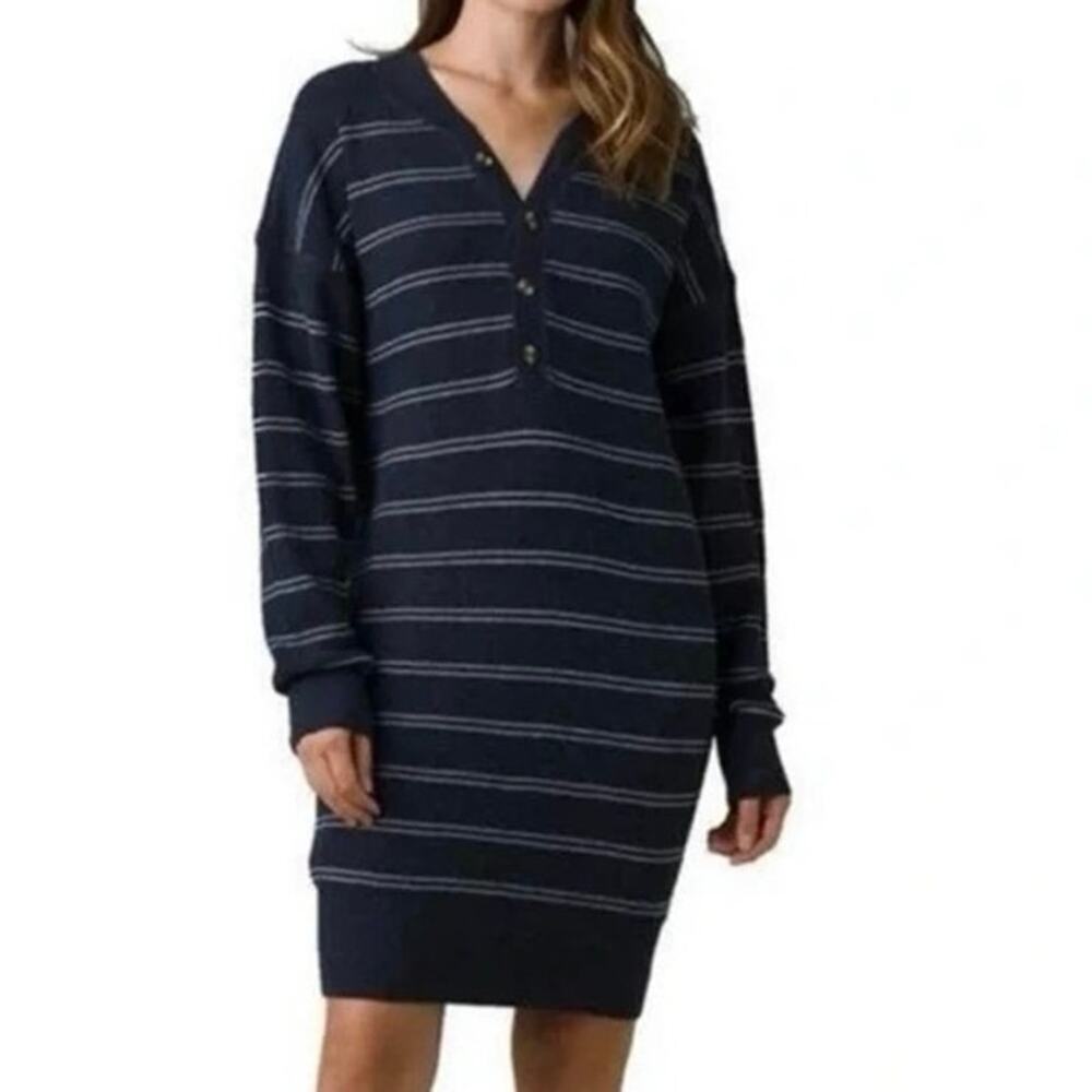 New prAna Melani Henley Waffle Knit Mini Dress Navy White Nautical Stripe Sz S